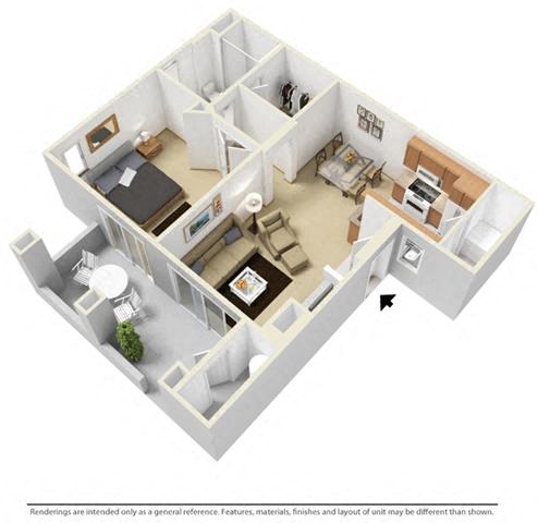 Floor plan for 1 bed, 1 bath, 707 sqft